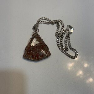 Elegant Silver and Brown Triangular Pendant Necklace, Crystal from South America